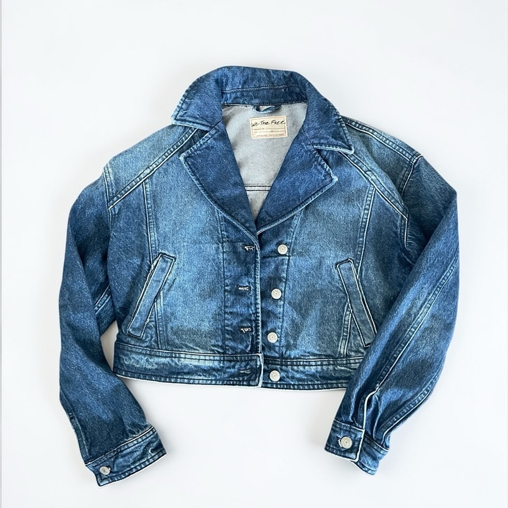 Free People We The Free Cropped Denim Jacket XS Oversized Blue Trucker